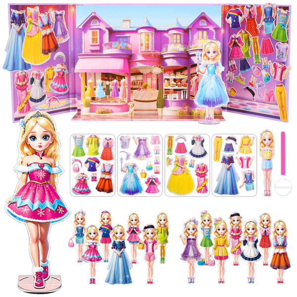 OSQI Magnetic Dress Up Dolls for Girls - Paper Doll Dress Up Game Stickers - 35 Piece Roleplay Magnetic Travel Playset, with 3D Store Wardrobe Game Scene, Paper Dolls for Girls Ages 4-7 (Amy)