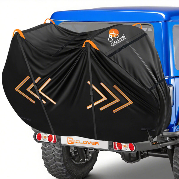 IC ICLOVER Bike Cover for Transport on Rack, Bicycle Covers for 2 Bikes on Rear Bike Rack, 600D Outdoor Storage Bike Travel Cover on Hitch, Waterproof Bike Rack Covers for 2 Bikes on Car Bike Rack