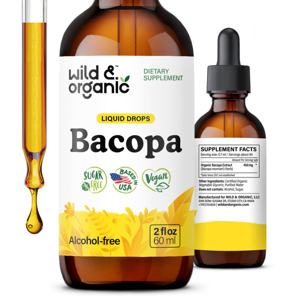 Wild & Organic Bacopa Tincture - Supports Calm, Focus, Clarity - Bacopa Monnieri Supplement Liquid - Alcohol-Free Drops with Brahmi Extract - Vegan, Sugar-Free - 2-Month Supply - 2 fl oz