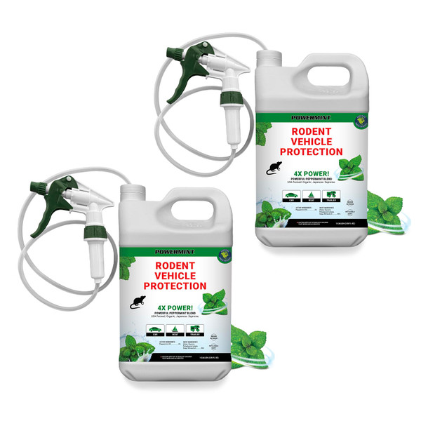Powermint Peppermint Oil Rodent Vehicle Protection Spray 1 Gallon Jug/Sprayer (Pack of 2) for Vehicle Engines, Interiors - Cars, Trucks, RVs, and Boats Powermint Peppermint Oil Rodent Vehicle Protection Spray 1 Gallon Jug/Sprayer (Pack of 2) for Vehicle Engines, Interiors - Cars, Trucks, RVs, and Boats