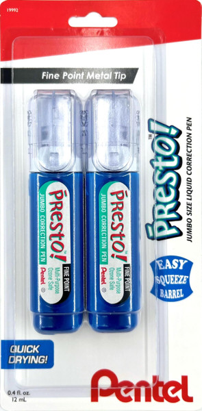 Pentel Presto Jumbo Correction Pen Fine Point, 12 ml, Metal Tip, 2-Packs (ZL31WBP2)