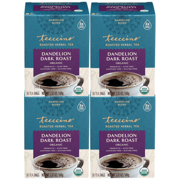 Teeccino Dandelion Tea – Dark Roast – Rich & Roasted Herbal Tea That’s Caffeine Free & Prebiotic with Detoxifying Dandelion Root, 10 Tea Bags (Pack of 4)