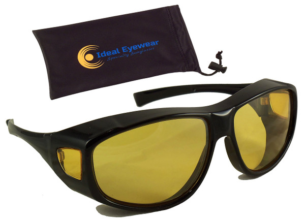 Ideal Eyewear Night Driving Wear Over Glasses Yellow Lens Fit Over Glasses (Black Frame with case, Medium)