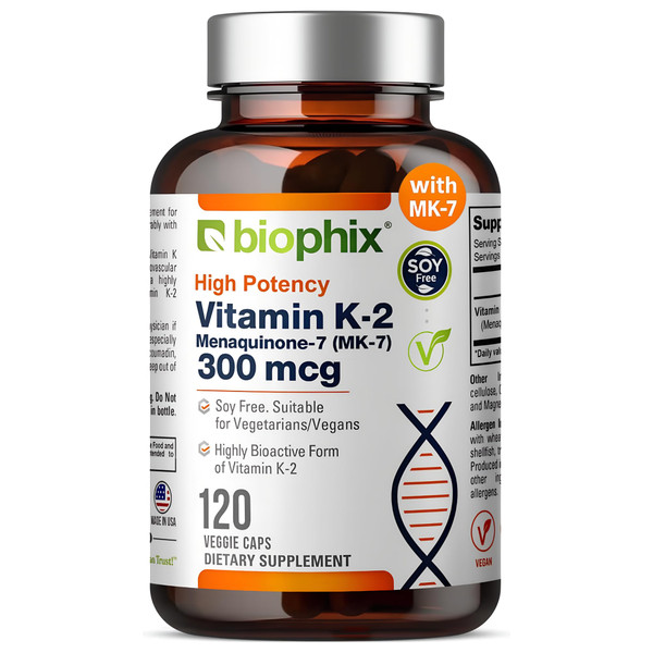 biophix Vitamin K2 MK-7 300mcg, 120 Vegan Capsules – High-Potency Supplement for Bone Strength and Immune Health