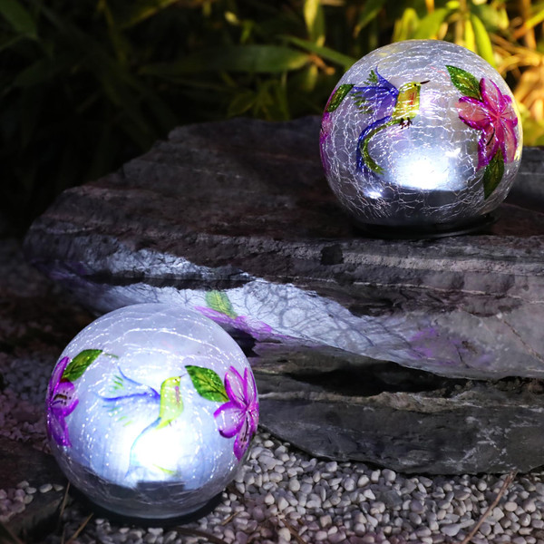 Afirst Solar Light Outdoor - Hummingbird Cracked Glass Ball Garden Lights Solar Table Lights Waterproof LED Decorative Night Light for Garden,Patio,Yard, Party Decorations