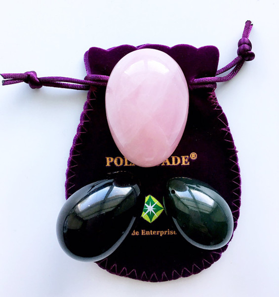 Polar Jade 3 Gemstones Yoni Eggs 3-pcs Set, Made of Rose Quartz, Obsidian and Nephrite Jade, Drilled, with One Box of Unwaxed String & User Instructions, L/M/S 3 Sizes for Training Yoni Love Muscles