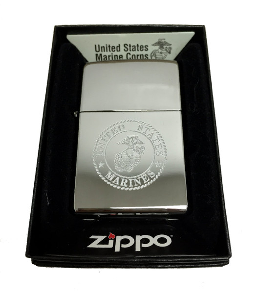 Zippo Custom Military Lighter - United States Marines Laser Engraved with Earth Anchor Eagle Logo - Regular High Polish Chrome - Gifts Him, Her, Husband, Wife