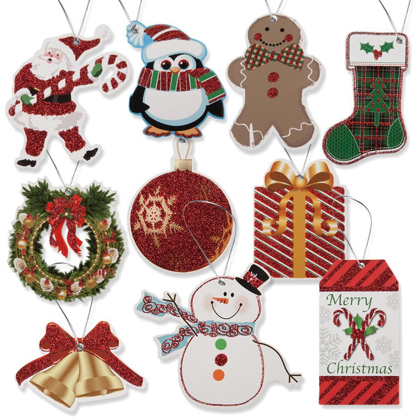 100 Count Christmas Gift Tags with Strings – Glitter Holiday Tags with Santa, Snowman, Penguin, Gingerbread, Wreath & Ornament Designs for Gift Wrapping and Holiday Parties