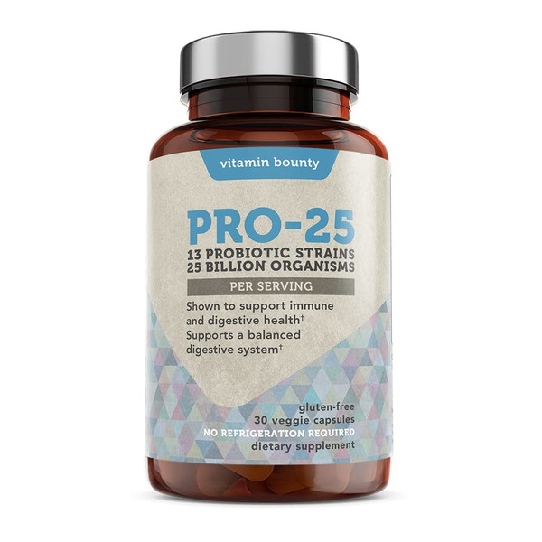 Vitamin Bounty Pro-25 Probiotic with Prebiotic - 25 Billion CFU for Men & Women - Digestive Health Support with Lactobacillus Acidophilus, Bifidobacterium - 30 Daily Capsules for Gut Health