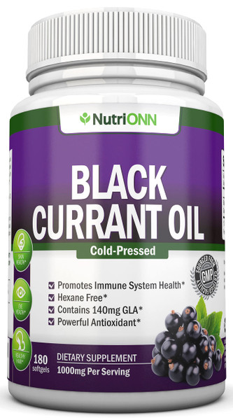 Black Currant Oil - 1000 Mg - 180 Softgels - Cold-Pressed Pure Black Currant Seed Oil - Hexane Free - 140mg GLA Per Serving - Regulates Hormonal Balance - Great For Immune System, Hair and Skin