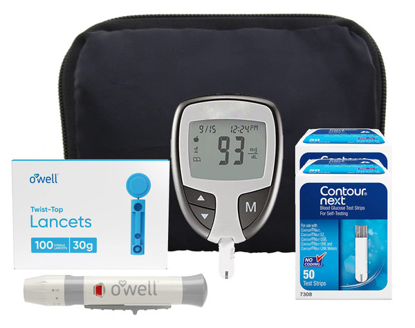 Contour NEXT EZ Diabetes Testing Kit | Contour NEXT EZ Blood Glucose Meter, 100 Contour NEXT Blood Glucose Test Strips, 100 O'WELL Lancets, O'WELL Lancing Device, LogBook, User Manual & Carry Case