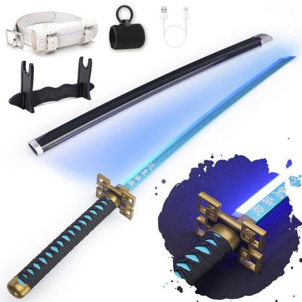 RENGENG Light Up Muichiro Sword, 40 Inches Rechargeable Plastic Anime Replica with Belt & Stand, Original Texture Anime Sword RENGENG Light Up Muichiro Sword, 40 Inches Rechargeable Plastic Anime Replica with Belt & Stand, Original Texture Anime Sword