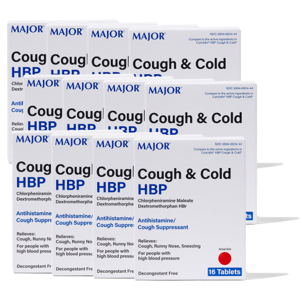 MAJOR Cough and Cold HBP Tablets - Antihistamine and Cough Suppressant for People with High Blood Pressure - Dextromethorphan HBr, Chlorpheniramine Maleate - 16 Count (12 Pack)
