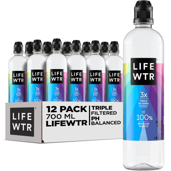 LIFEWTR Premium Purified Water, pH Balanced with Electrolytes, 100% recycled plastic bottles, 23.7 Fl Oz Flip Cap Bottles, 700 mL (Pack of 12)
