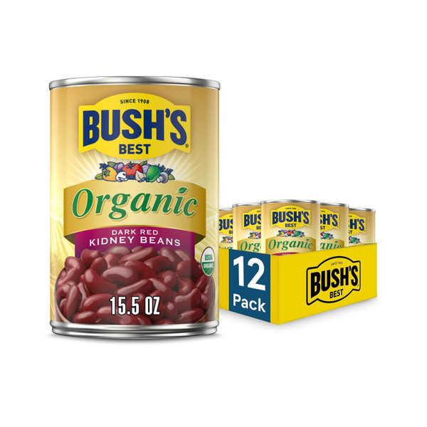 BUSH'S BEST 15 oz Canned Organic Dark Red Kidney Beans, Source of Plant Based Protein and Fiber, Low Fat, Gluten Free, (Pack of 12)