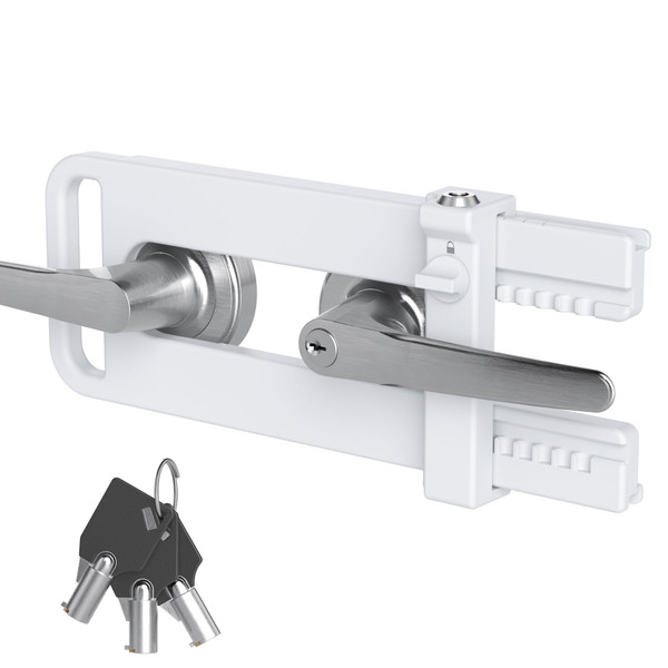 AST Double Door Security Lock, French Door Lockout Device with Keys, Reinforcement Lock for Knobset and Handleset, Prevent Kick Ins, Childproof, Kids Proof Barricade (White with Snib and Cylinder)