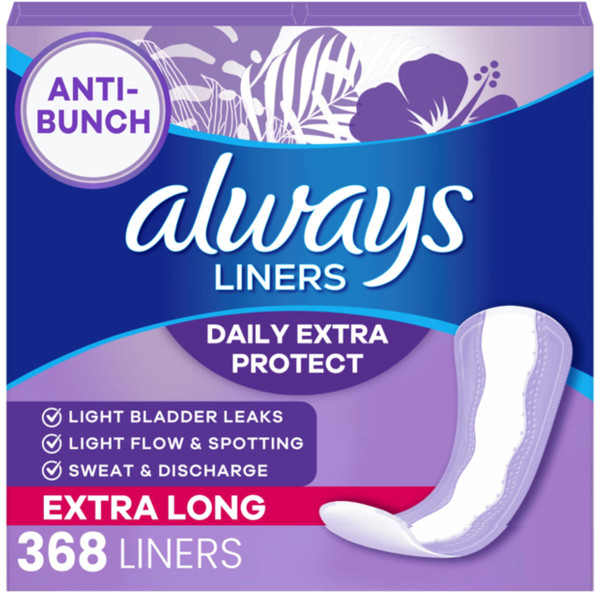 Always Daily Extra Protect Liners, Extra Long Length, Unscented Panty Liners, 368 Count (4 Packs of 92)
