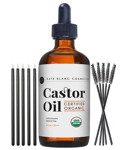 Kate Blanc Cosmetics Castor Oil Organic (4oz), 100% Pure, Cold Pressed, Hexane Free. Natural Oil for Hair, Eyelashes, Eyebrows. Skin Moisturizer with Starter Kit