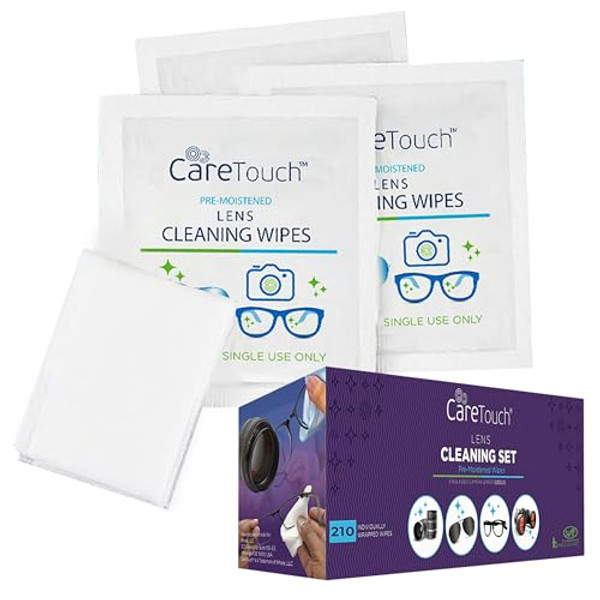 Care Touch Lens Wipes for Eyeglasses- 210 Count Individually Wrapped Pre- Moistened Wipes, 5 x 6 Inch- Camera Lens, Sunglasses and Glasses Cleaner,- Gentle and Portable for Cleaning of Optical Devices