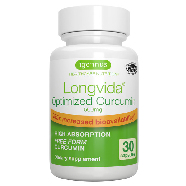 Igennus Longvida Lipidated Curcumin 500mg, Ultra Bioavailable & Sustained Action, 65x Higher Plasma Levels, Intensive Support, Free-Form Curcumin, Vegan, 30 Capsules