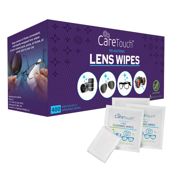 Care Touch Lens Wipes for Eyeglasses- 400 Count Individually Wrapped Pre- Moistened Wipes, 5 x 6 Inch- Camera Lens, Sunglasses and Glasses Cleaner,- Gentle and Portable for Cleaning of Optical Devices
