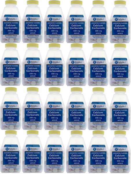 Calcium 500 mg Generic for Tums Assorted Fruit Flavored Chewable Tablets Regular Strength Antacid for Acid Indigestion, Heartburn, Sour Stomach 150 Chewable Tablets per Bottle Pack of 24