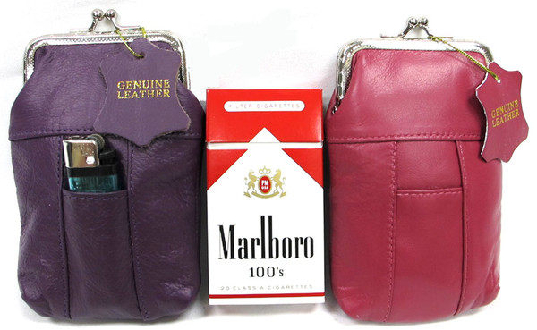 Leather Cigarette Case 2pc Lot Genuine Pouch Purple + HOT Pink Fit 100s, King Regular 84s