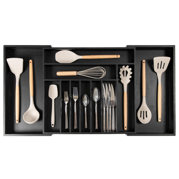 KitchenEdge Premium Silverware, Flatware and Utensil Organizer for Kitchen Drawers, Food-Safe Contract Grade, Expandable from 18 to 33 In, Black Bamboo KitchenEdge Premium Silverware, Flatware and Utensil Organizer for Kitchen Drawers, Food-Safe Contract Grade, Expandable from 18 to 33 In, Black Bamboo