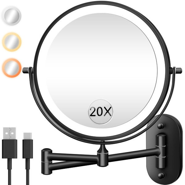 Wall Mounted Makeup Mirror with Light, 20X/1X 8'' Double Sided LED Magnifying Bathroom Lighted Vanity Mirror with Magnification, 3 Color Light up Touch Dimmable Extended Arm 360 Rotation
