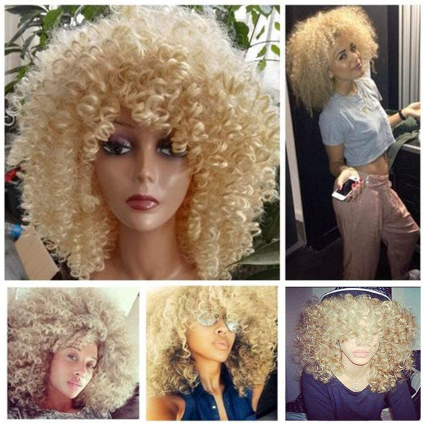 Lady Miranda Blonde Curly Wig Afro Kinky Curly Wigs with Bangs Medium Length Blonde Afro Wig Heat Resistant Synthetic Full Wigs For Women
