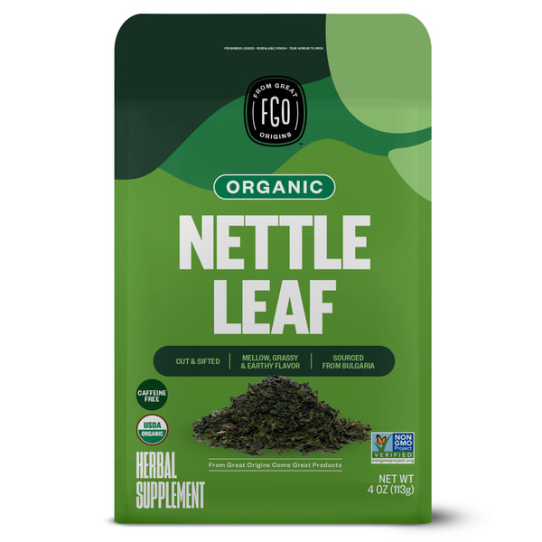 FGO Organic Nettle Leaf Loose Tea, Cut and Sifted, Caffeine Free, 4oz Resealable Bag, Packaging May Vary (Pack of 1)