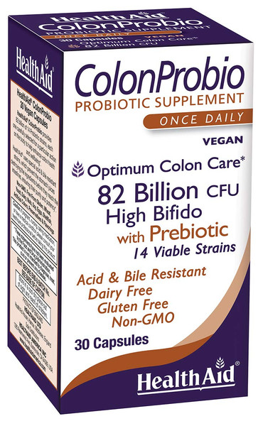 HealthAid ColonProbio 82 Billion with Prebiotic, 14 Strains, Once Daily, 30ct, Optimum Colon Care, Acid & Bile Resistant, Dairy Free, Gluten Free, Non-GMO