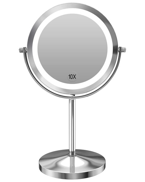 1X/10x Magnified Lighted Makeup Mirror Double Sided Round Magnifying Mirror Standing 360 Degree Swivel Vanity Mirror Battery Operated 7 Inch Diameter Shaving Bathroom Mirror