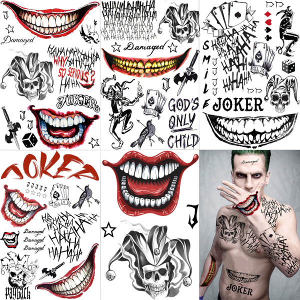 VANTATY 5 Sheets 3D Halloween Joker Temporary Tattoos For Men Women Adults, Gothic, Halloween Style, Waterproof, Cartoon Pattern, A(5 Large Sheets), Adults