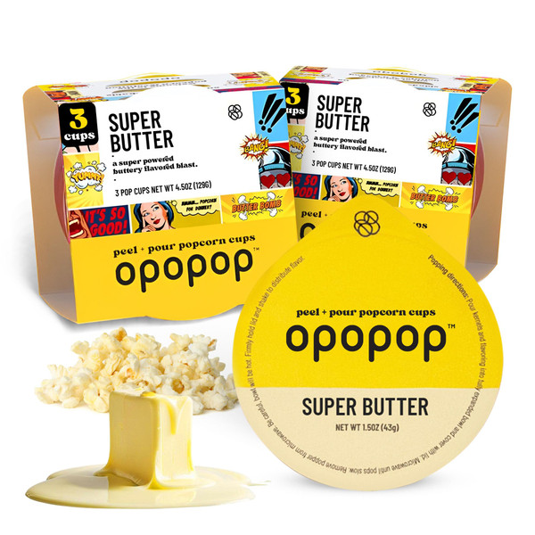 Opopop Microwave Popcorn - Pop Cups Super Butter 6-Pack, Non-GMO Gourmet Popcorn Kernels & Flavoring, Butter Popcorn, Gluten Free Snacks, Easy to Make and No Mess
