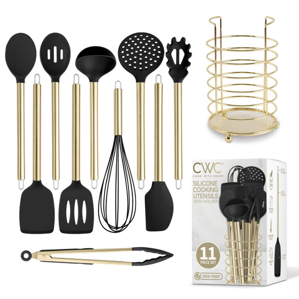 COOK WITH COLOR Silicone Cooking Utensils, Kitchen Utensil Set, Easy to Clean Silicone Kitchen Utensils, Cooking Utensils for Nonstick Cookware, Kitchen Gadgets Set with Holder, 10 Pieces COOK WITH COLOR Silicone Cooking Utensils, Kitchen Utensil Set, Easy to Clean Silicone Kitchen Utensils, Cooking Utensils for Nonstick Cookware, Kitchen Gadgets Set with Holder, 10 Pieces