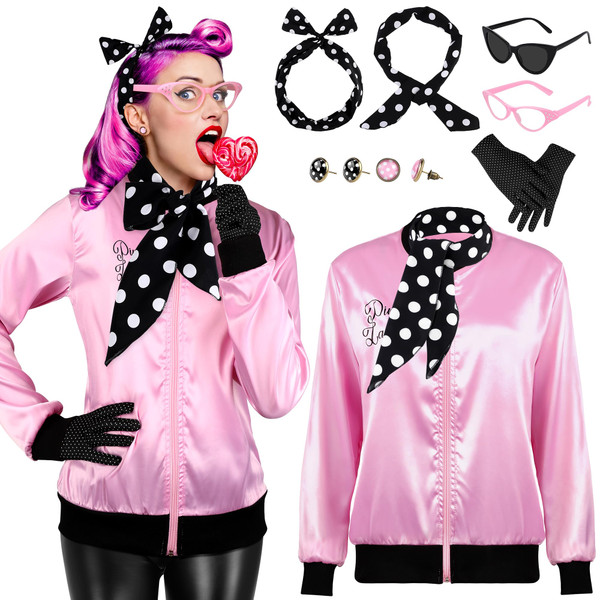 AOTHSO 1950s Pink Satin Jacket with Polka Dot Scarf Headband Earrings Glasses Halloween Cosplay Costume for Women, 8 Pieces