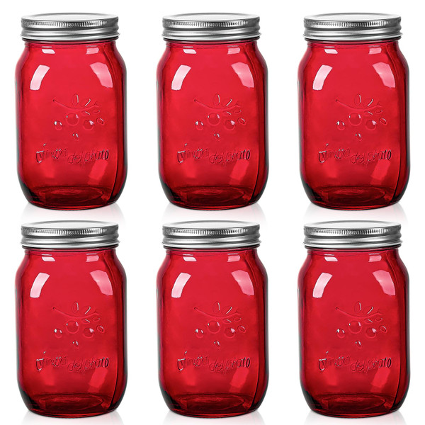 Amzcku 32oz Red Mason Jars with Lids, 6 Pack Wide Mouth Quart Canning Jar, Safe For Storage, Canning, Pickling, Preserving, Fermenting, DIY Crafts & Decor