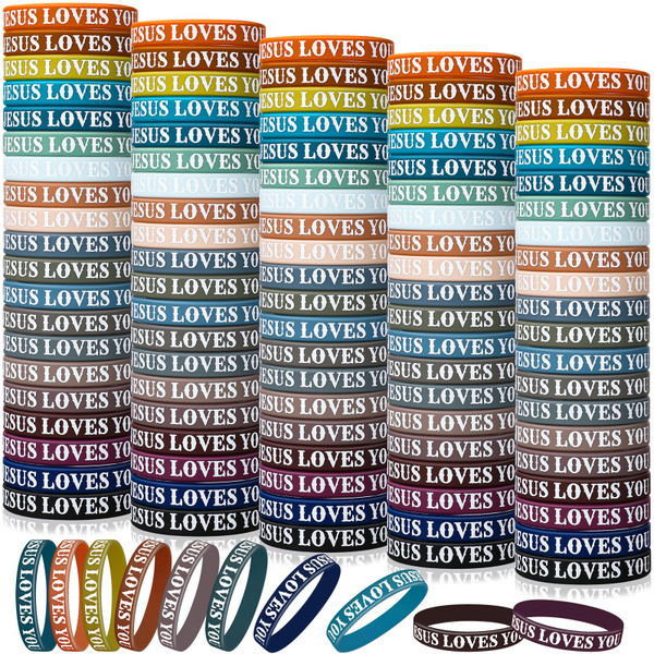 Lewtemi 100 Pcs Jesus Loves You Bracelet Bulk Silicone Christian Bracelet Colorful Rubber Wristbands Motivational Rubber Wristbands for Men Women Party Favors(Dark Color)