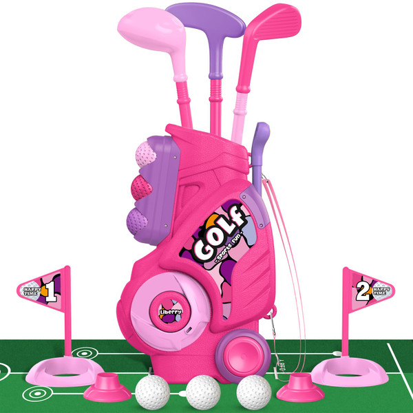 Liberry Toddler Golf Set with Putting Mat for 2 3 4 Years Old Boys Girls, Upgraded Kids Golf Cart with Unique Shoulder Strap Design, Indoor and Outdoor Golf Toys Christmas Gifts (Pink)