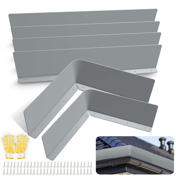 Gutter Valley Splash Guards, 6 Pcs 15.7 x 3.5 Inches Aluminum Downspout Diverter Roof Rain Roofing Gutter Guards with Screws for Shingle Corner and Straight House (Gray)