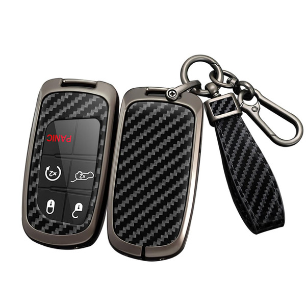 ontto Key Fob Cover Fit for Jeep Grand Cherokee Compass Renegade Carbon Pattern Key Case Fit for Dodge Challenger Charger Durango Journey Metal Car Key Protector Fit for Chrysler 200 / 300,Black