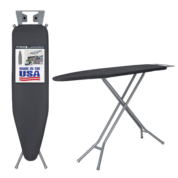 Ironing Board Full Size; Made in USA by Seymour Home Products (Charcoal). Includes Iron Rest, Cover & Pad | All-Steel Frame, 4 Heavy Duty Legs for Extra Support | Diamond Cut Mesh Top; Steam Flow