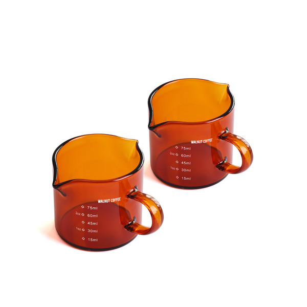 WALNUT COFFEE 2packs 3oz Espresso Shot Glass Double Spouts, Measuring Triple Pitcher Milk Cup with 2 Spouts, Coffee Measuring Cup Glass for Barista (2Pack Amber)