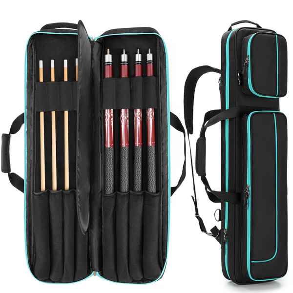 GOBUROS 4x4 Pool Cue Case Hold Up to 4 Butts and 4 Shafts, Pool Stick Carrying Case with Front Accessories Pockets, Billiard Cue Cases with Shoulder Straps, Black and Green