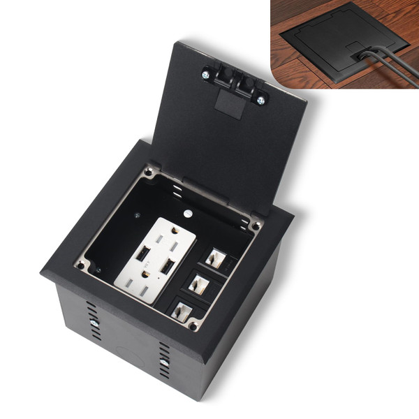 KYHSHJ Recessed Flat Hidden Socket Kit with 2 * 15A Receptacle，4.8A*2 USB-A Ports +3-Port RJ45 Datacom Receptacle. Internal Height Adjustable，Corrosive Resistant Hardware,Black