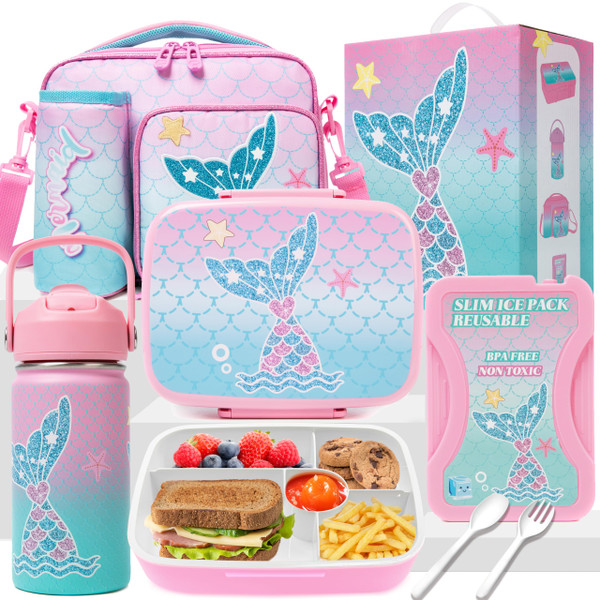 Oruiji Mermaid Bento Box for Kids Lunch Box for Girls Bento Lunch Box for Kids with 5 Compartments Stainless Steel Water Bottle, Lunch Bag, Ice Pack Set Back to School Supplies Oruiji Mermaid Bento Box for Kids Lunch Box for Girls Bento Lunch Box for Kids with 5 Compartments Stainless Steel Water Bottle, Lunch Bag, Ice Pack Set Back to School Supplies