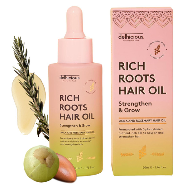 Delhicious Amla Hair Oil & Rosemary Oil for Hair Growth - Rich Roots Hair Loss Treatment for Thinning Hair - Dry Scalp Treatment with Argan Oil - Ayurveda Scalp Oil - Vegan, Sulfate Free - 50ml