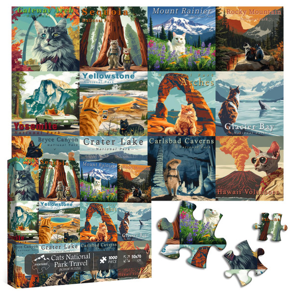 Cat Puzzles for Adults 1000 Pieces and up, National Parks Puzzle Series Kitty Travels Yellowstone Glacier, PICKFORU Funny Cat Jigsaw Puzzles as Home Decor