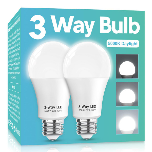 Gonhom 3 Way LED Light Bulbs 50 100 150W Equivalent, Daylight White 5000K 3 Way Light Bulbs, A19 Three Way Light Bulb,E26 Base LED Light Bulb for Reading,Living Room-2 Pack